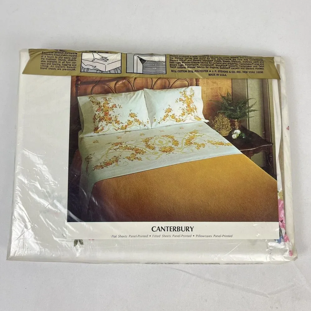 Vintage JP Stevens Double Fitted Bed Sheet Floral Retro Bedding Beauti-Blend NOS